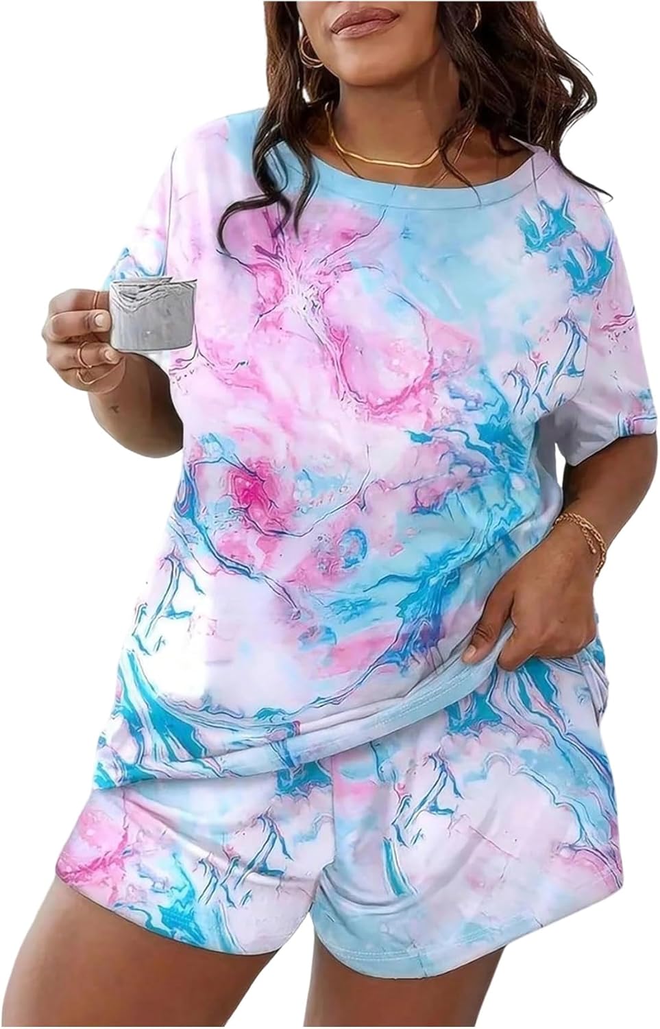WDIRARA Women's Plus Size Tie Dye Pajama V Neck Short Sleeve and Shorts 2 Piece Nightwear