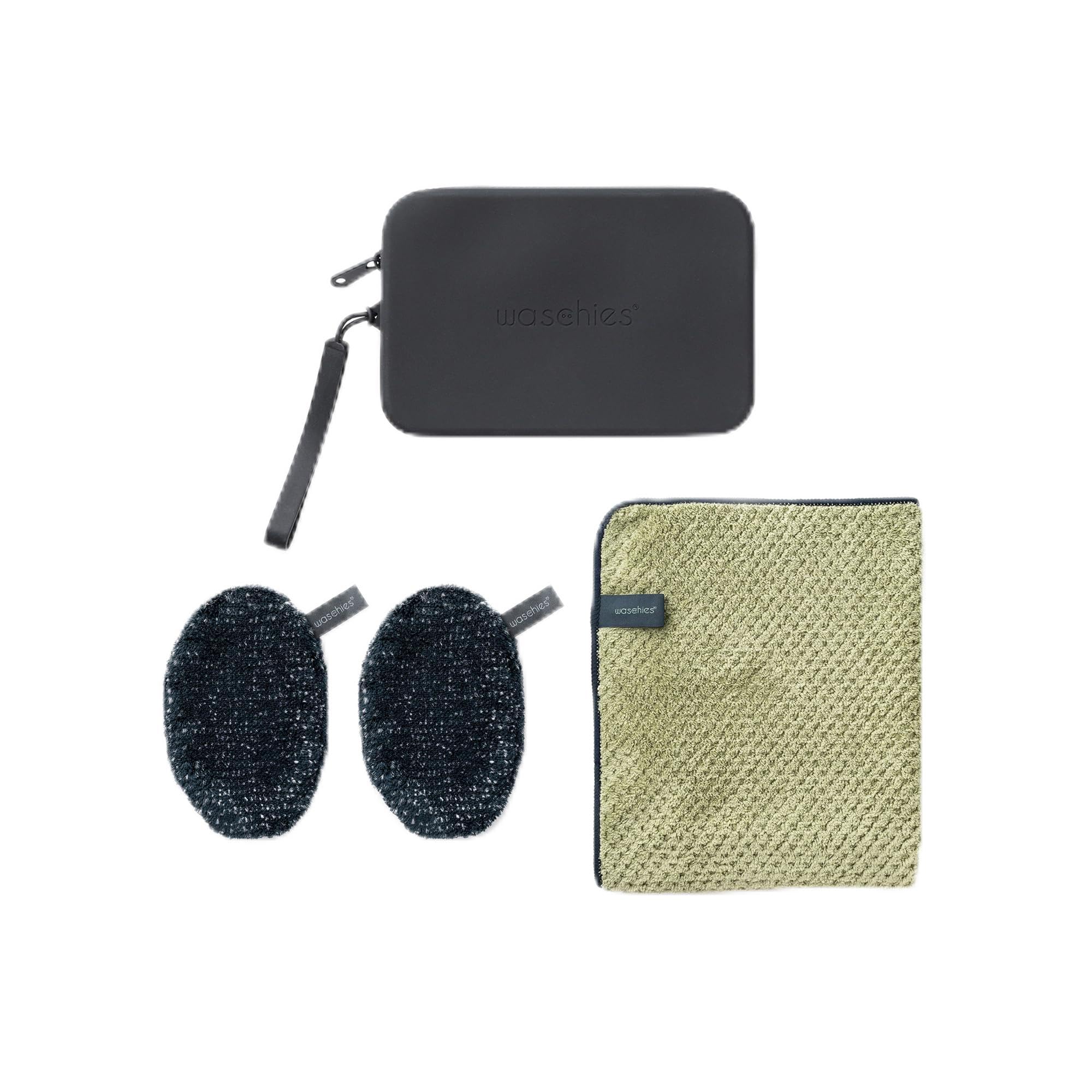 Waschies „All Black“ Herrenpflegeset – Gesichtsreinigungspads x2, Gesichtshandtuch x1 & Kosmetiktasche x1 – sanfte Reinigung - waschbar, wiederverwendbar & nachhaltig - Alle Hauttypen