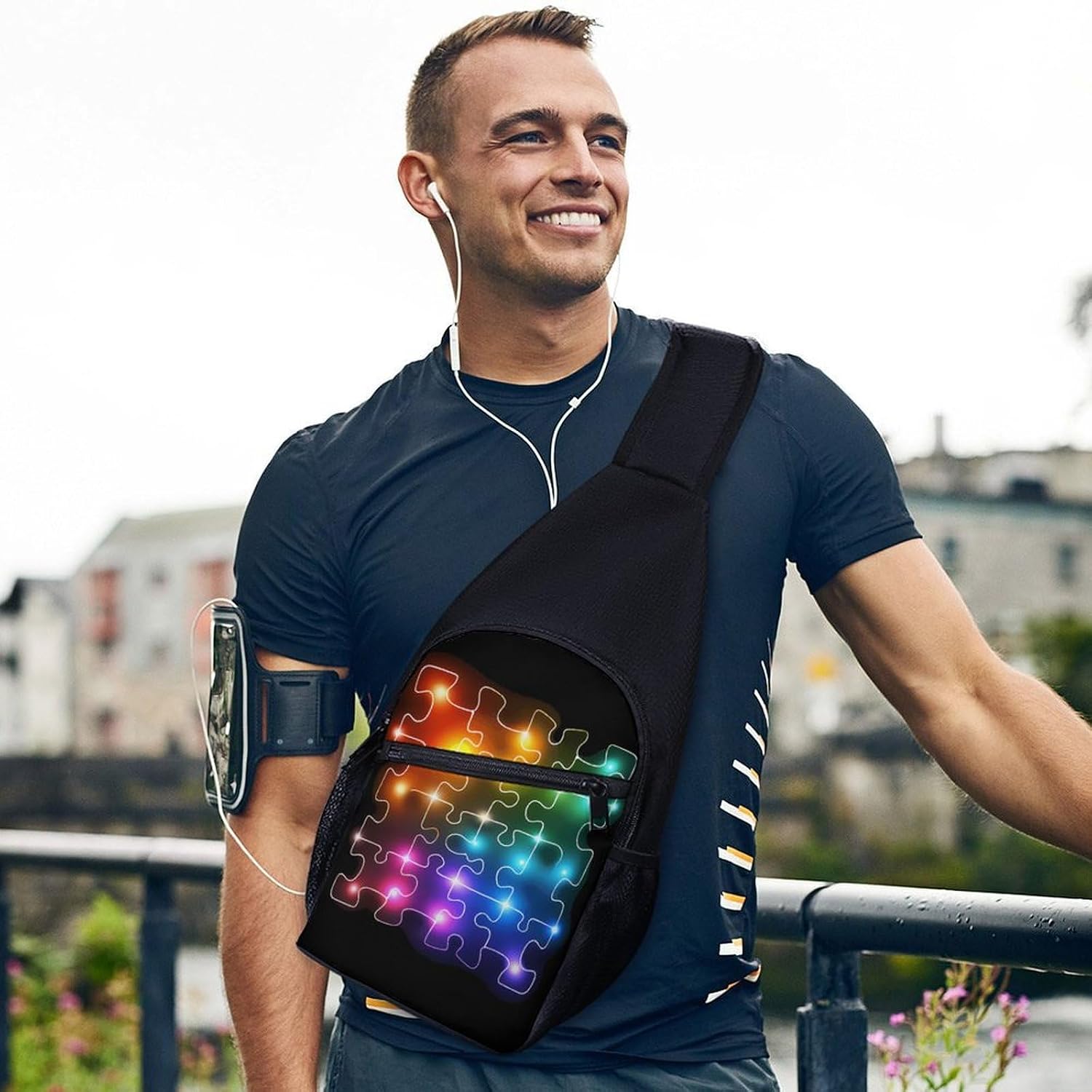 Puzzle Autism Neon Lights Crossbody Sling Backpack Chest Bag Daypack | unisex,trendy,with convertible and detachable shoulder strap,side pockets