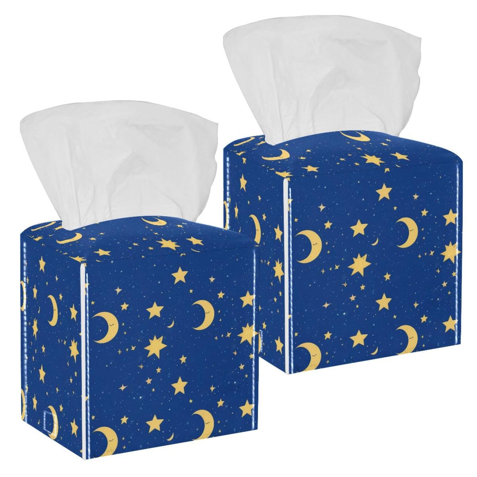 Stars and Moon Tissue Box Cover, 2 Pack PU Leather Square Facial Tissue Dispenser Box holder for Home Office Car