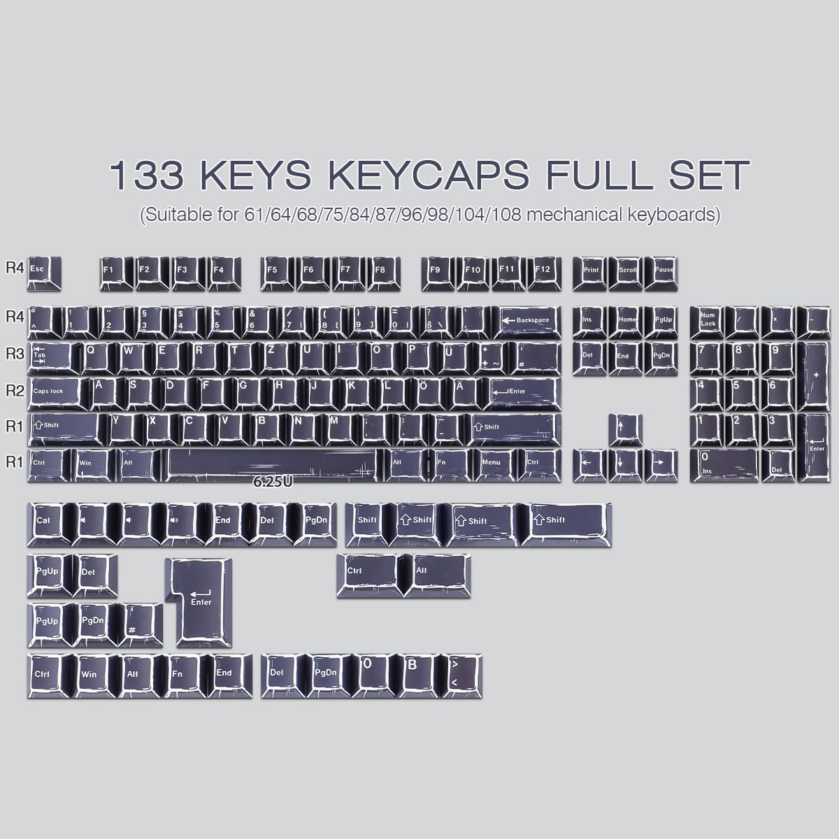 PBT Keycaps 128 touches Manga Black Keycaps, style rétro imprimé sur le côté brillant Through Dye Sub Custom Keycaps for Cherry MX Switch German QWERTZ Layout Mechanical Keyboards
