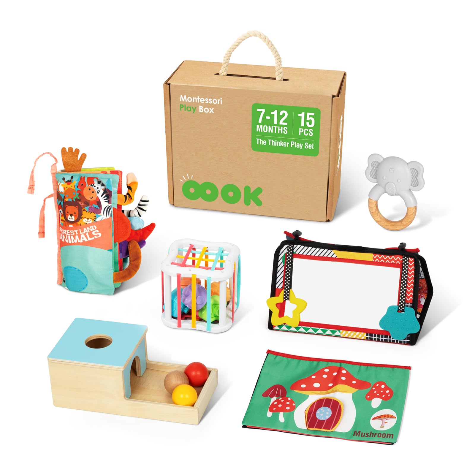 Montessori Toys for Babies 6-12 Months, 7 in 1 Learning Educational Kit with Tum My Mirror Toy, Object Permanence Box, Soft Cloth Baby Book, Sensory Sorter Toy and Natural Teether., Medium