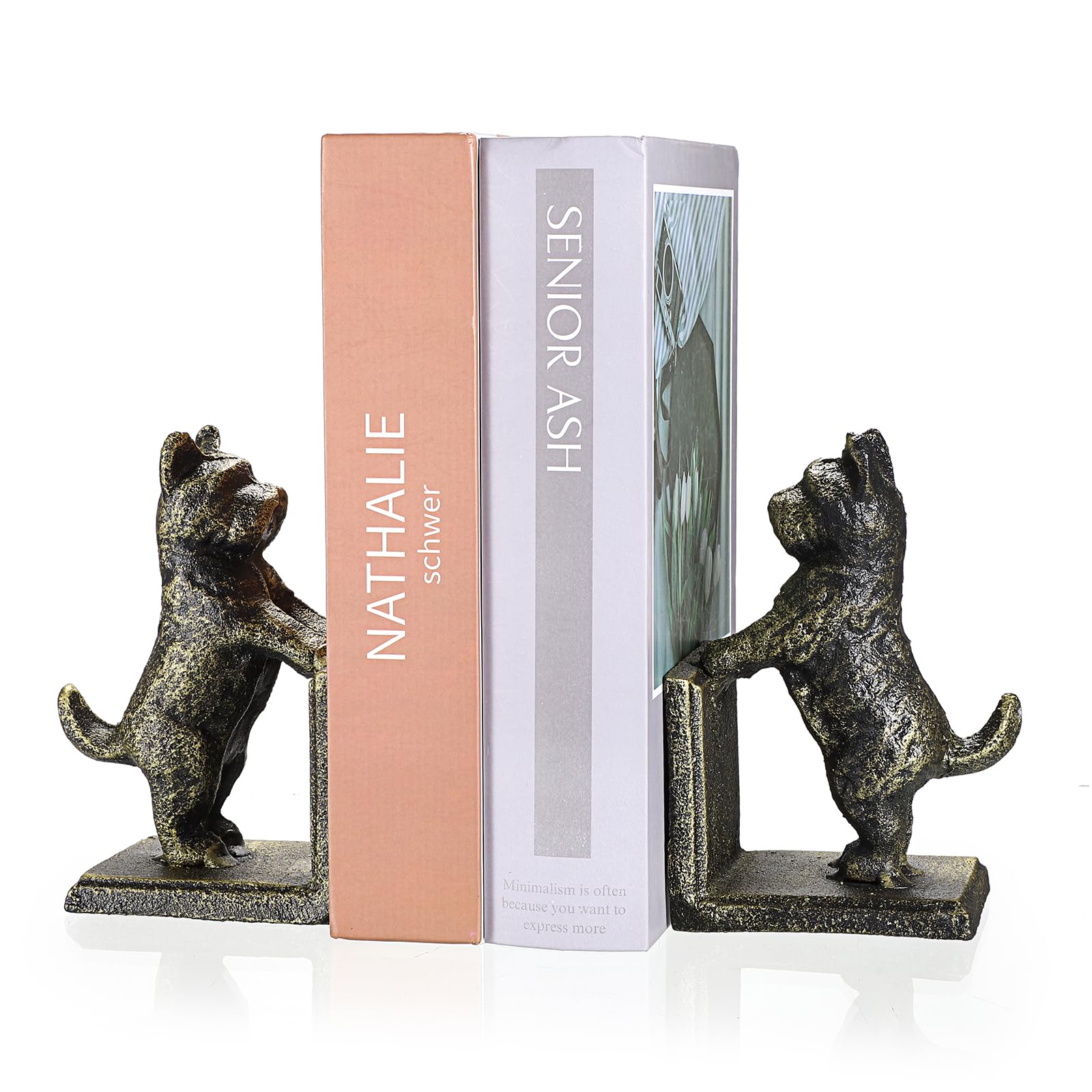 OGANAZI 2 Pack Dog Decorative Bookends for Shelf - Cast Iron Book Ends Cute Dog Bookend Support for Home Decor, Heavy Duty Book Stands Vintage Antique Shelf Decor for Reading Enthusiasts or Dog Lovers