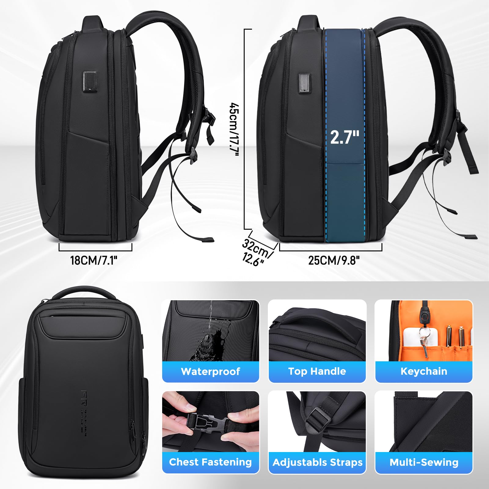 FENRUIEN Sac à dos extensible pour ordinateur portable 15,6 pouces 1800D pour homme avec port de charge, sac d'ordinateur durable, antivol high-tech, résistant à l'eau, sac à dos décontracté