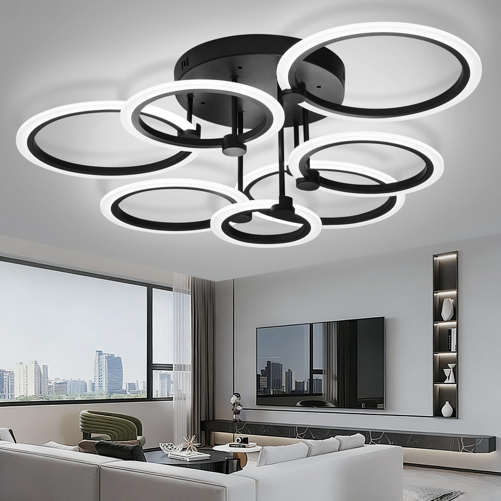 OKELI Modern LED Chandelier Ceiling Light,48W 80cm LED Acrylic Modern Ceiling Lighting,Black 6500K 7 Ring Chandelier for Living Room,Bedroom,Dining Room,Kitchen
