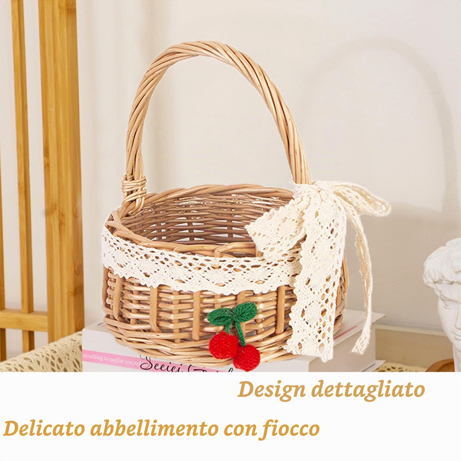 2 Pezzi Cesti per Fiori Intrecciati a Mano, Cesto di Vimini per Fiori In Rattan, Cestini Vimini, Cestino Matrimonio, Cestino per Damigella, per Matrimonio Decorazione Di Casa (Nastro Medio)