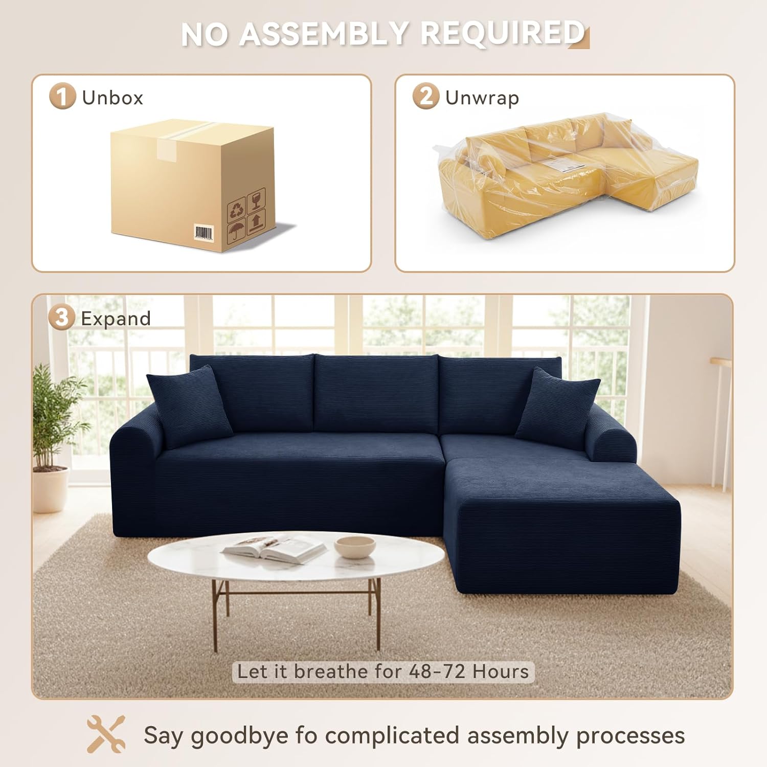 Modular Sectional Sofa with Chaise, Cloud Sectional Couch with Deep Seat, Modular L-Shape Sofa Corduroy Boneless Couch for Living Room,Bedroom,No Assembly Required(Navy Blue, Right Facing Chaise)