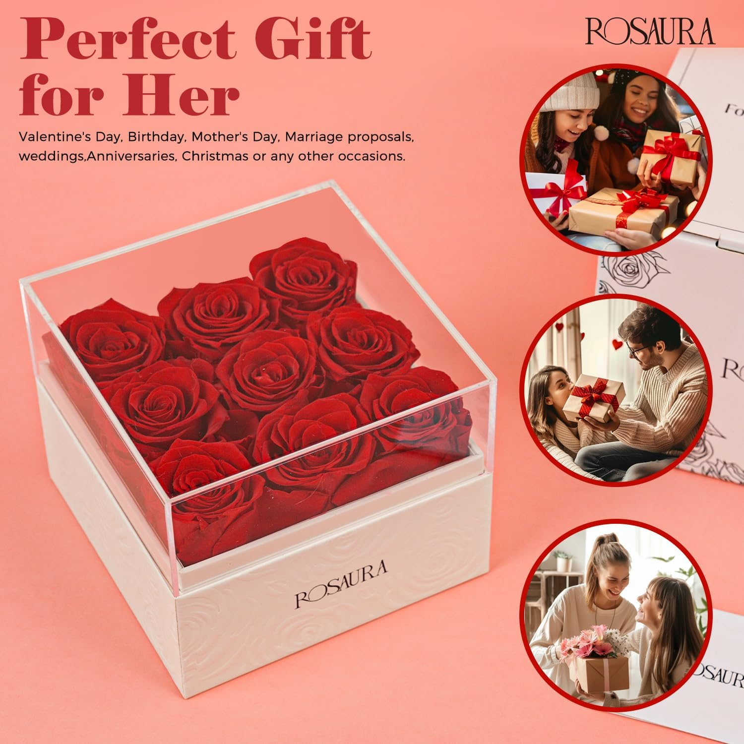 Rosaura Square Preserved Roses Gift Box - Real Forever Flowers in Clear Acrylic Lid, Valentine's for Women (red, 9 Roses) - Image 6