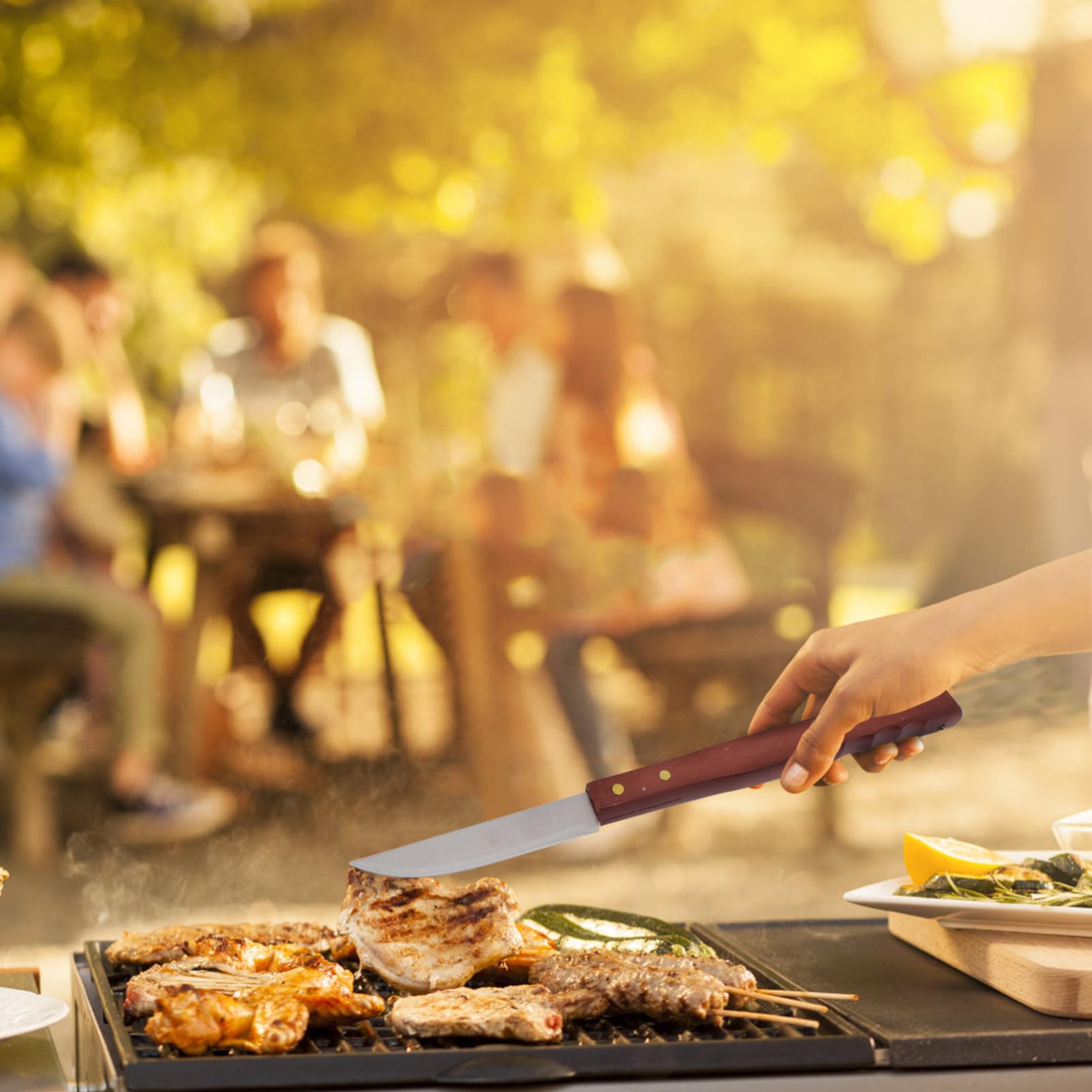 Set Utensili Barbecue Portatile Acciaio Inox Guanto | Nero, Manico in Legno, Borsa Inclusa, per Campeggio e Outdoor, Accessori per Griglia