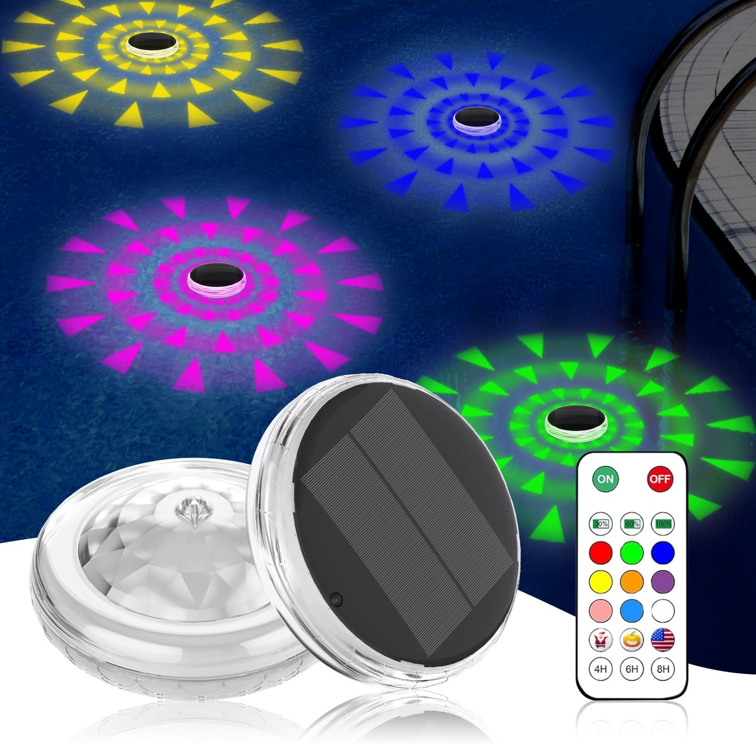 Pool Lights-2pcs,Solar Rechargeable Floating,Pool Lights that Float with Remote Control, Modes 9 Lighting Timing Mode IP67 Waterproof for Inground Pool, Bathroom, Bathtub, Pool Party