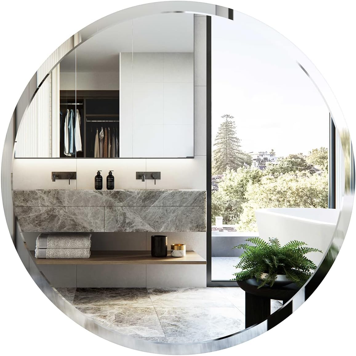 Frameless Round Mirror - 24 Inch Circle Mirror - 1" Beveled Polished Edge - Hanging Wall Mounted Decorative for Bathroom, Living Room, Bedroom, Entryway