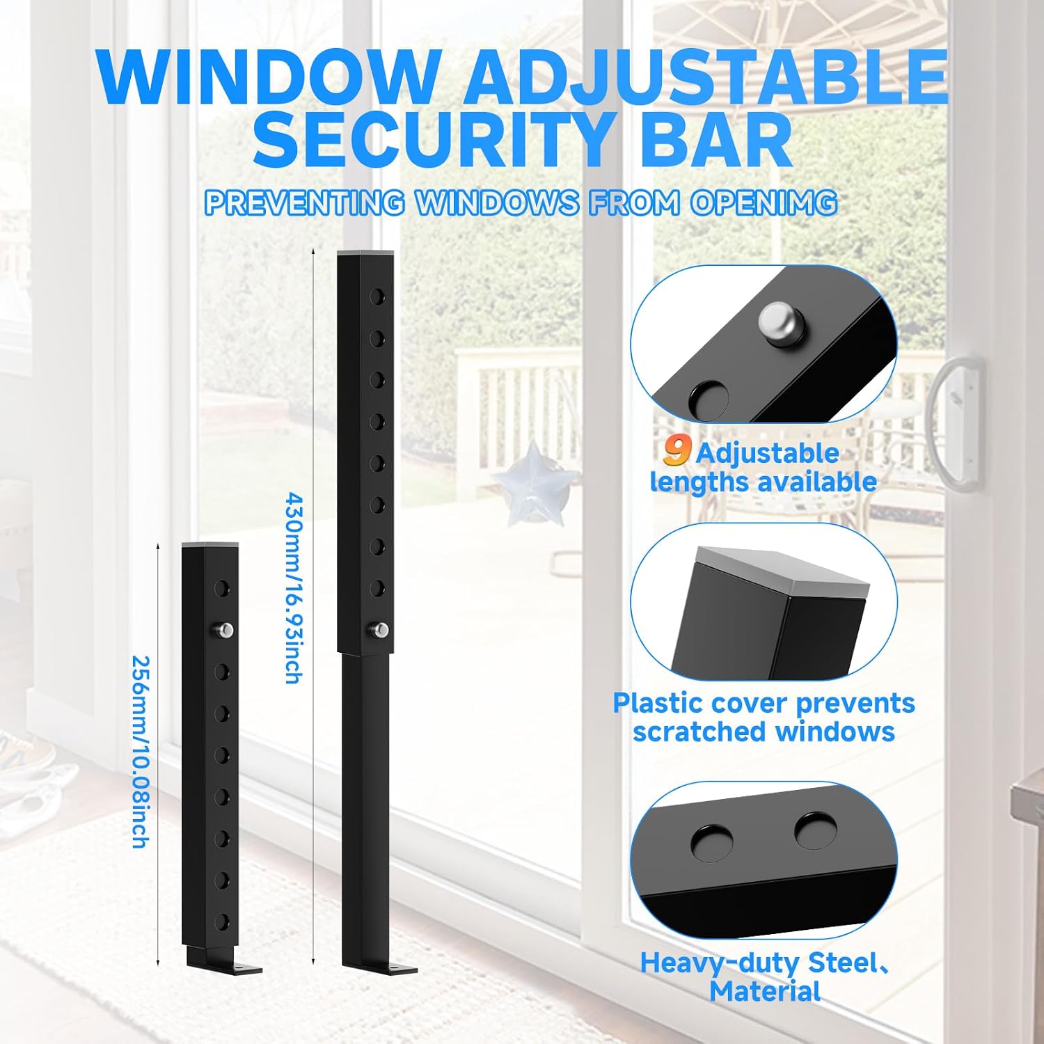 ZhouDaShu Adjustable Window Lock Bars Vertical, Small Window Bars Security Inside, Window Locks for Up and Down Windows, Window Ac Unit Ssecurity Bars Extends from 9.8-16.7 in -Black (Steel 4 Pcs)