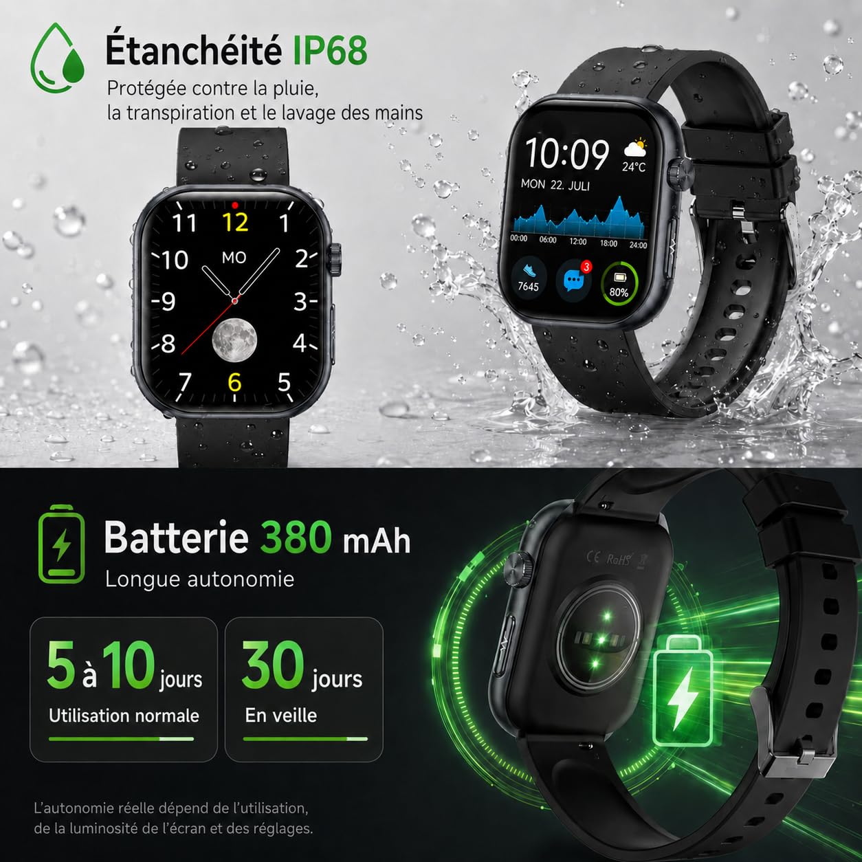 Montre connectée pour homme et femme avec ECG/HRV/IMC, montre de santé AMOLED de 1,95" avec fonction téléphone, appel d'urgence, étanche IP68, compatible Android et iOS, noir