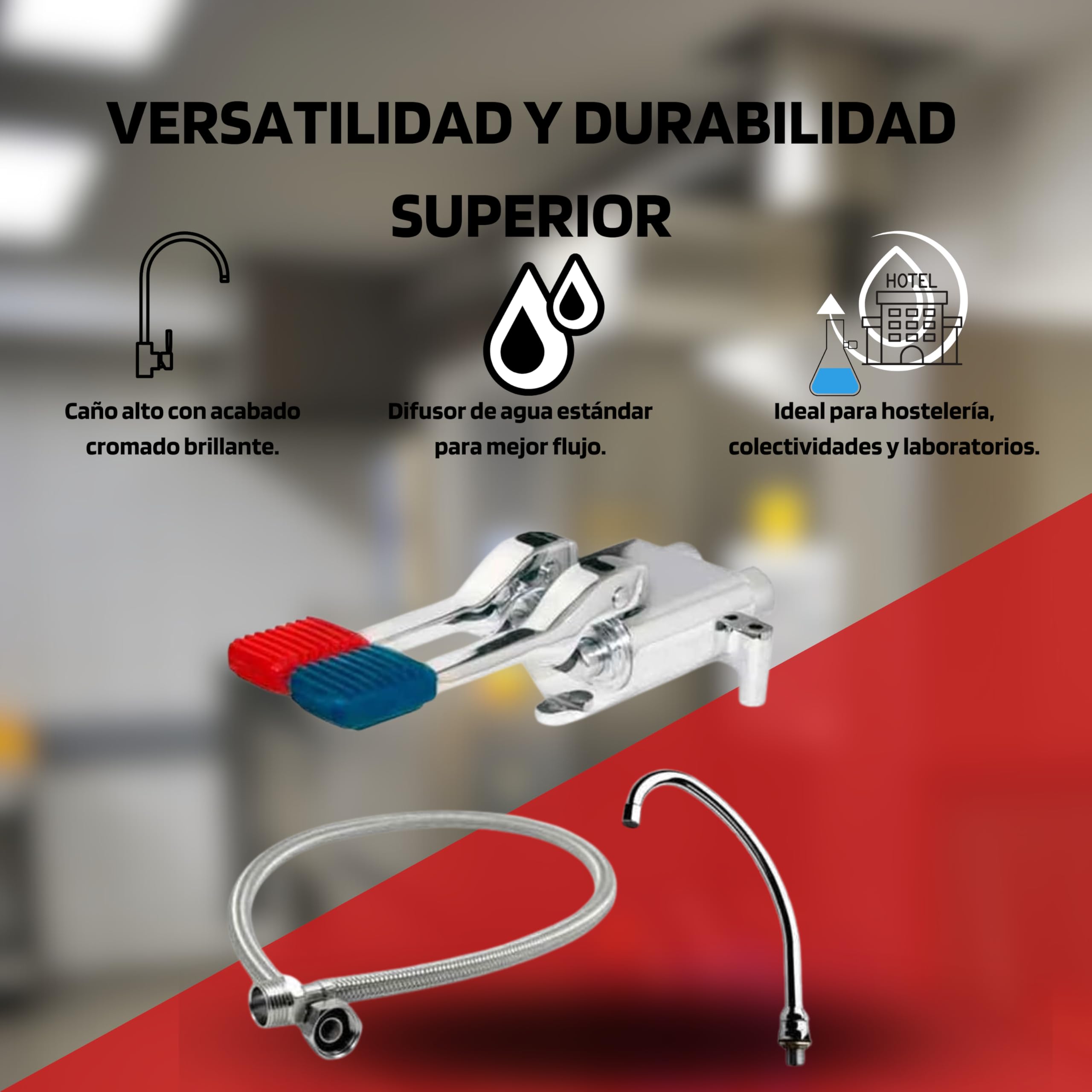 KIT Completo Grifo De Pedal 2 Aguas - Grifo Cocina Industrial Con Pedal Auto Mezclador Agua Fría Y Caliente, Con Flexo Latiguillo, Caño Alto Con Difusor De Agua Y Base De Fijación, Uso En Hostelería Y