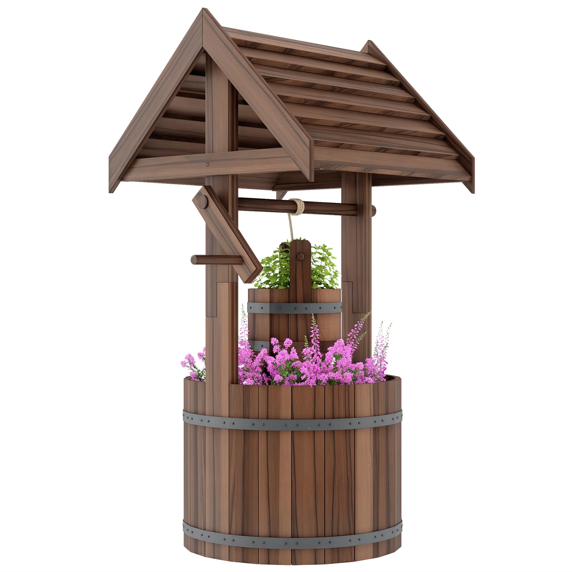 Outsunny Wooden Wishing Well Planter with Adjustable Hanging Bucket, Rustic Wishing Well for Outside, Decorative Flower Planter with Drainage Hole for