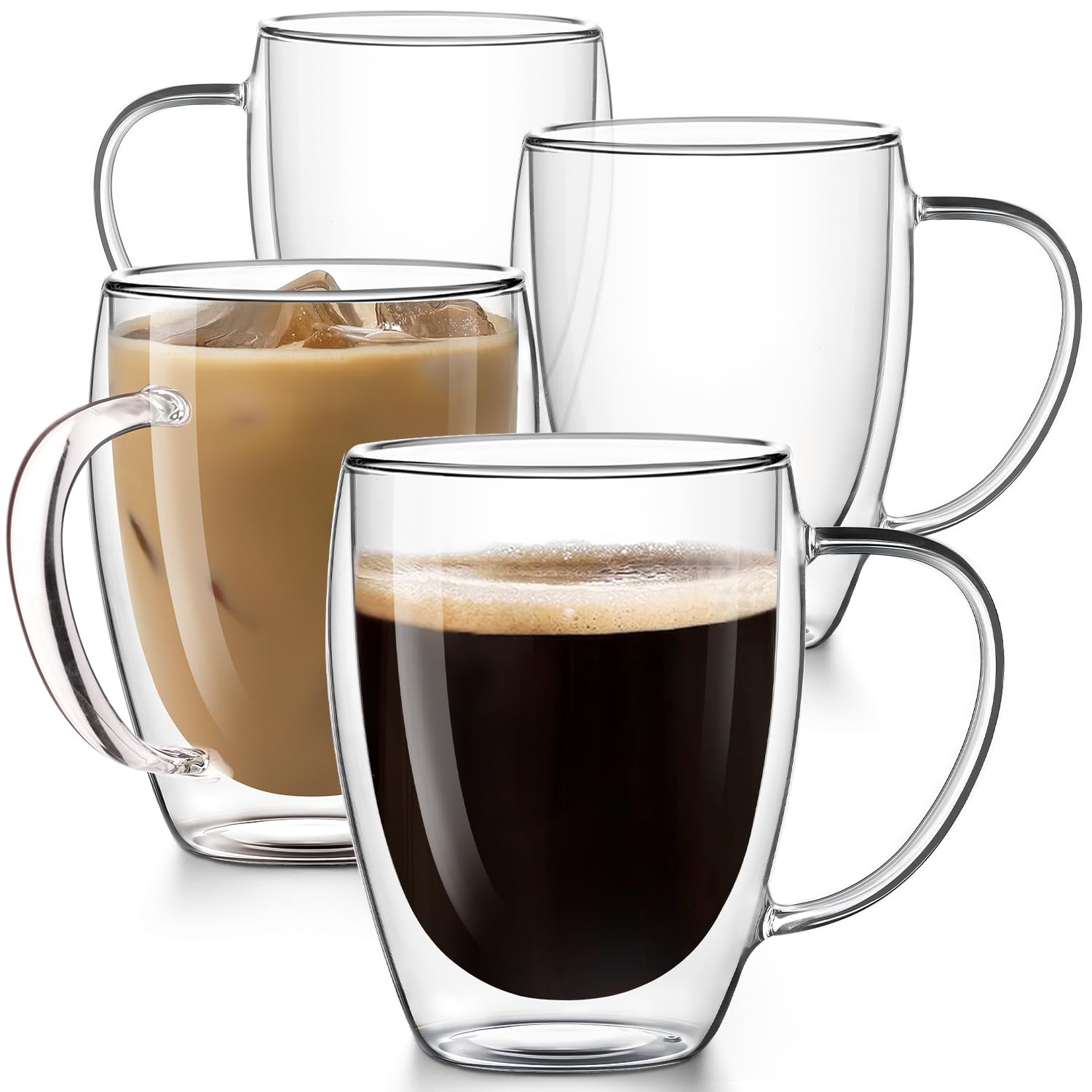 Double Walled Glass Coffee Mugs Set of 4 12 5OZ Hand Blown Insulated Clear Glass Coffee Cups with