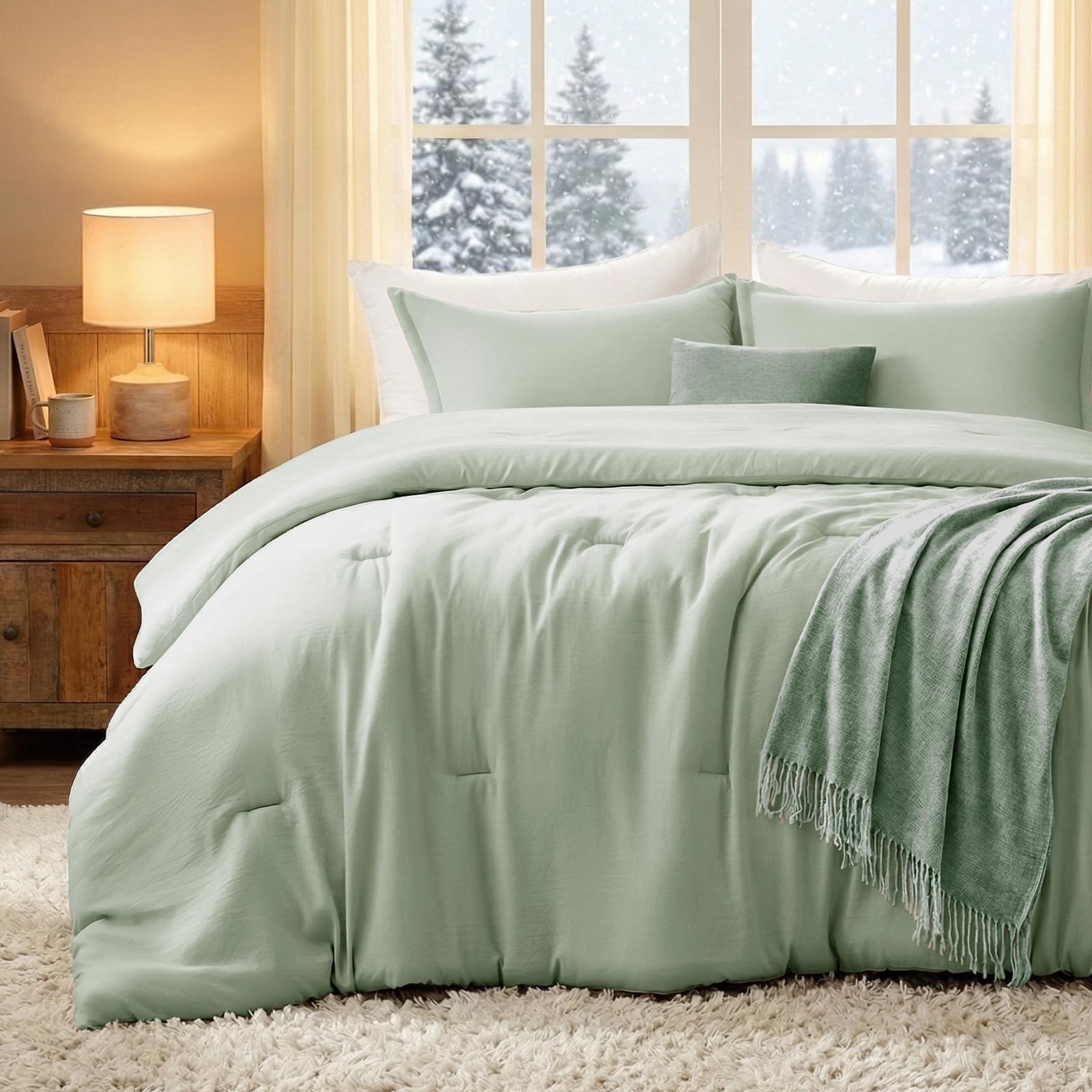 Quataly King Comforter Set SageGreen,3PCS Soft Lightweight Breathable Bedding Comforter Sets for All Season, King Size(104''×90'' Comforter & 2