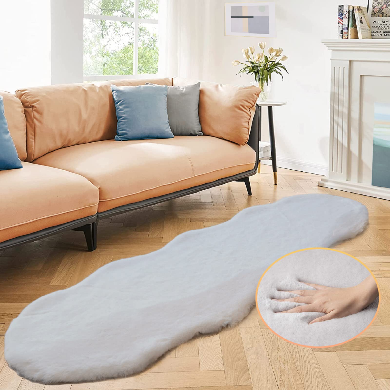 ORINOVA Faux Rabbit Fur Washable Rugs for Bedroom Light Grey Fluffy Rug for Living Room Non Slip Faux Fur Rug for Hallway 2x6 Shaped Rugs