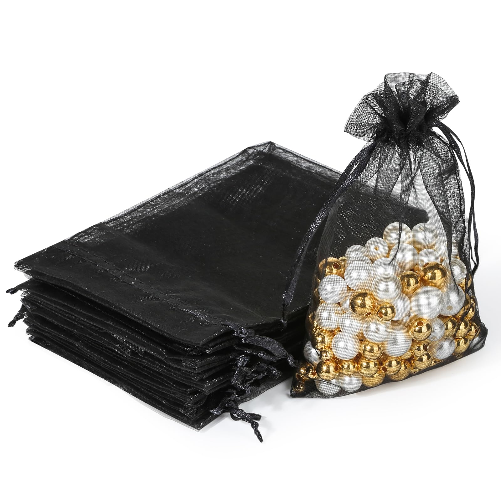 Hopttreely 100pcs Organza Bags, Black 4''x4.72''(10x12cm) Satin Drawstring Organza Pouch Wedding Party Favor Gift Bag Jewelry Watch Bags