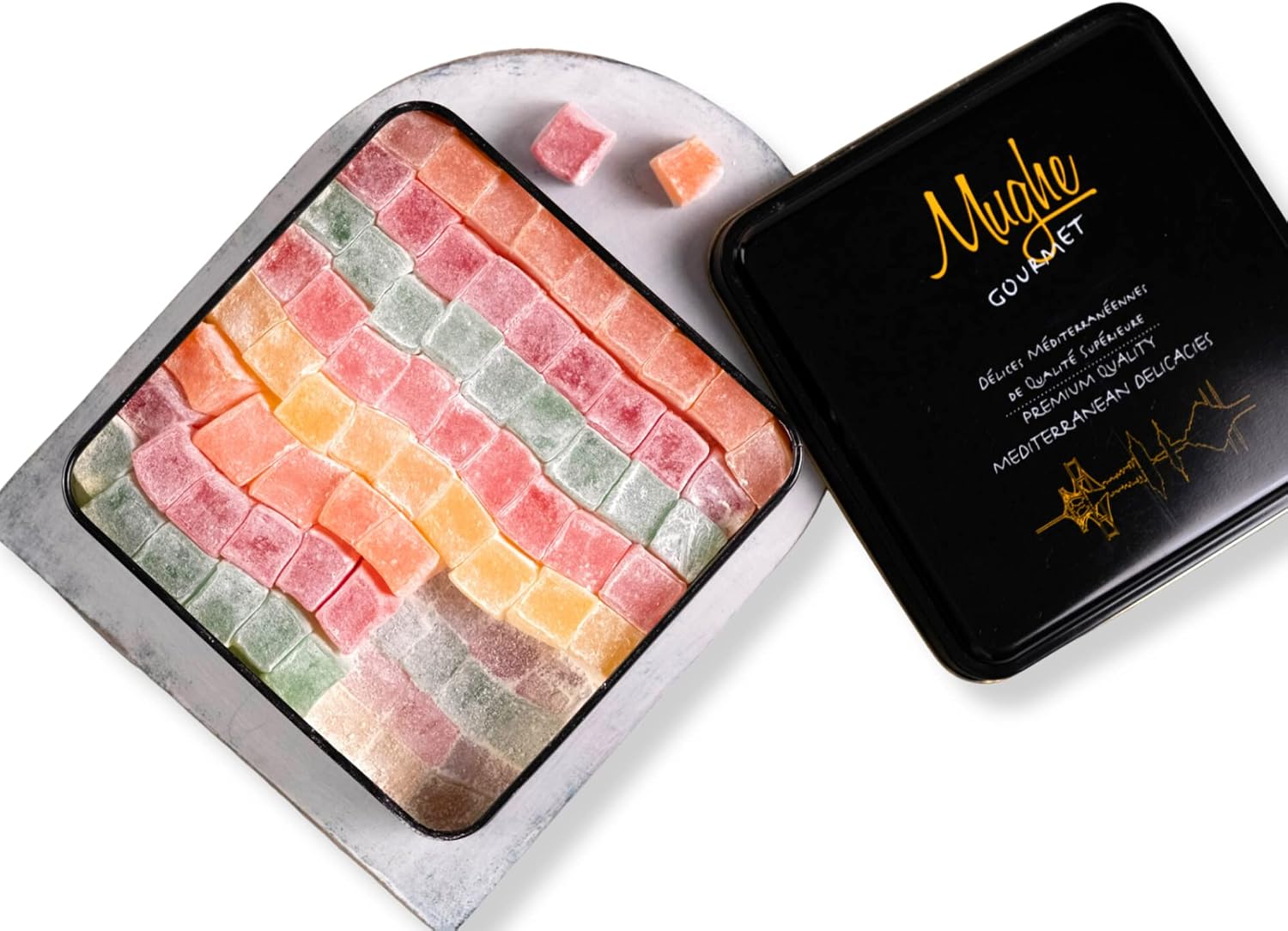 Mughe Gourmet Turkish Delight - 1.3kg Fruit Flavoured Lokum in Tin Box - Vegan, Halal, Gluten Free - Rose, Strawberry, Lemon, Orange & Mint - Confectionery