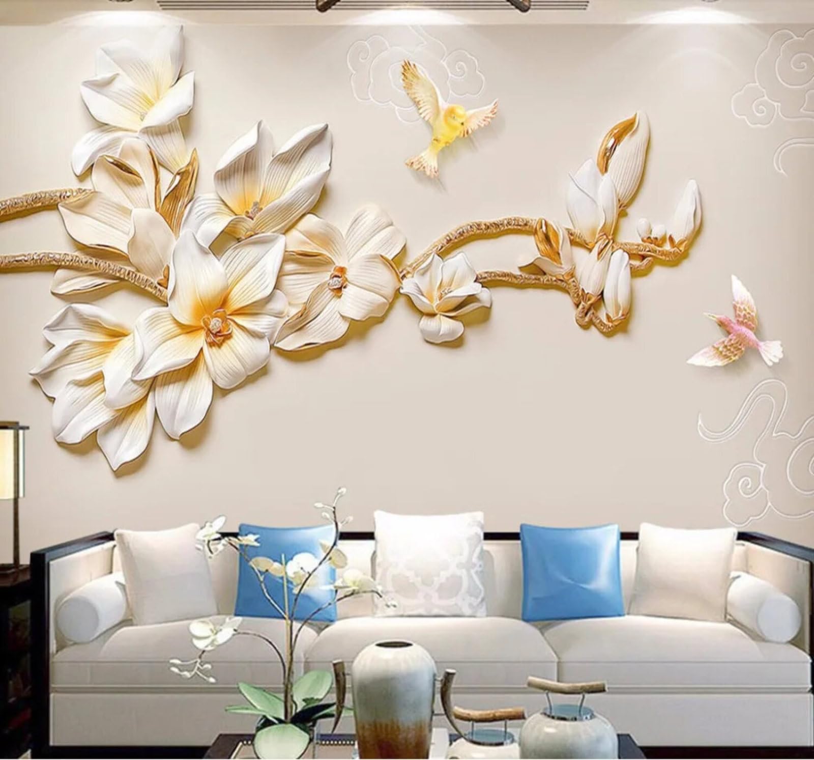 Wallpaper-3D-Xlm 350Cm×256Cm(B×H) Minimalist Plaster Relief Flowers Birds 3D Wallpaper Easy Install Feature Office Living Room Sofa Bedroom Tv Background Wall Decoration-350Cm×256Cm