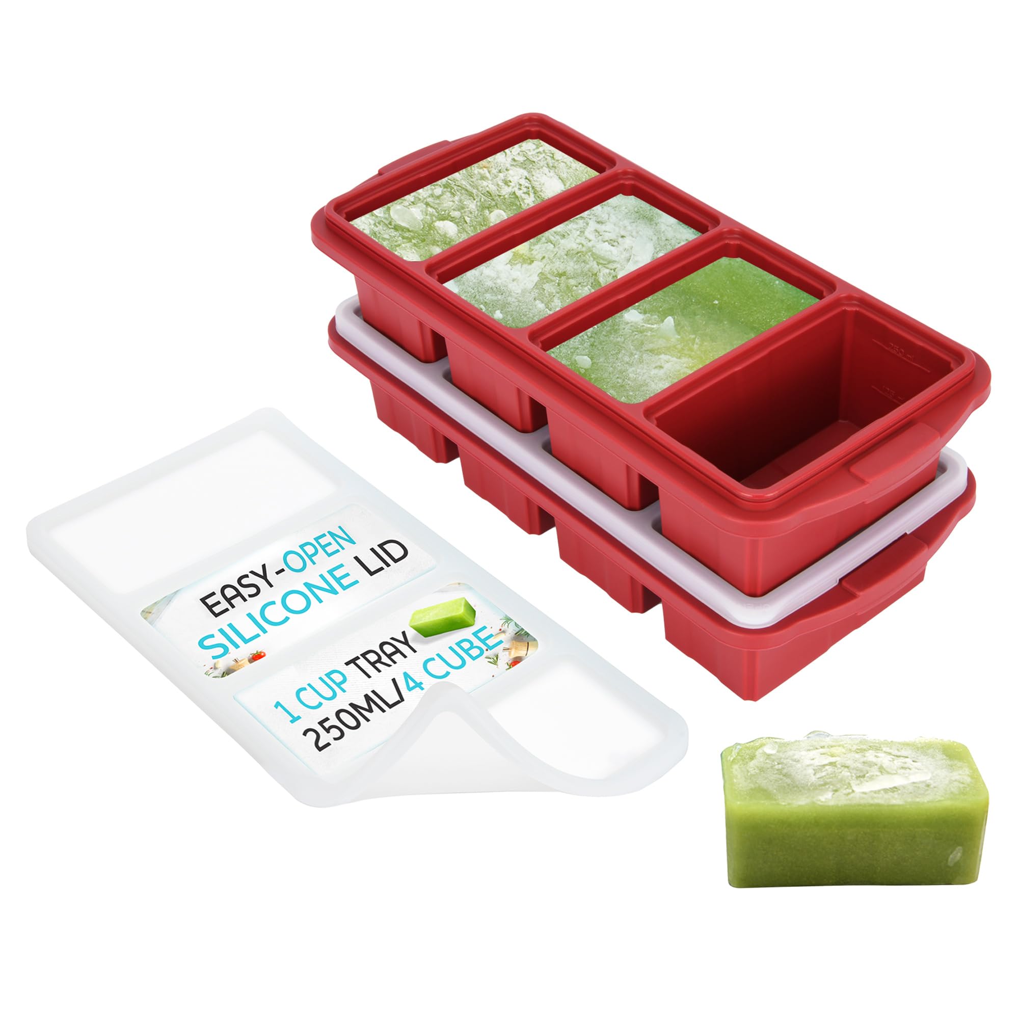 Silicone Freezer Tray With Lid - Soup Freezer Container molds - Large Ice Cube Tray- makes 8 perfect 1 cup portions cubes, 2-Pack Freezer Storage Food Soups & Meal Prep - Oven & Dishwasher -Safe