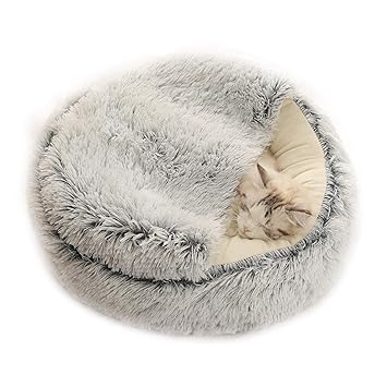 2-in-1 Round Plush Pet Cat Dog Sofa Bed Winter Warm Pet Cat Small Dog Sleeping Nest Cute ffy Soft Nest Non Slip Bottom Bed