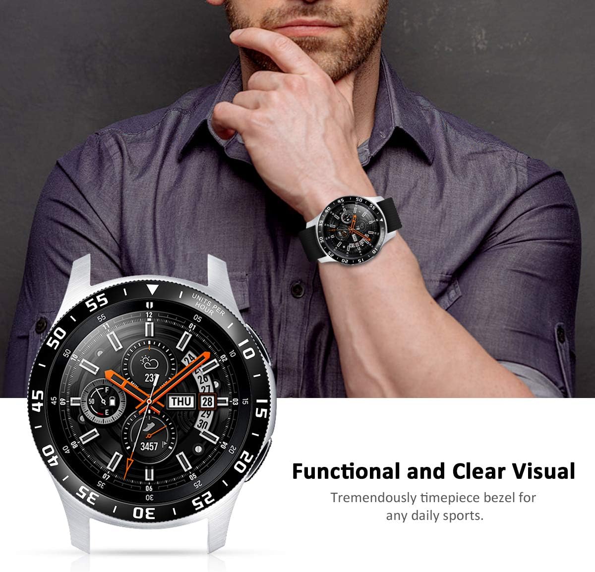Goton Bezel Ring Compatible Samsung Galaxy Watch 4 Classic 46mm,Galaxy Watch3 45mm Bezel,Gear S3 Frontier Classic, Watch Bezel Cover Protector Adhesive Loop Anti Scratch (46mm/45mm UPH，Black)