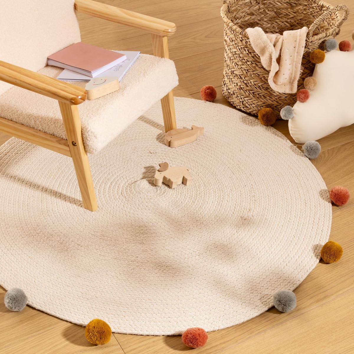 Atmosphera - Alfombra Infantil - algodón y Pompones - Beige - D90 cm