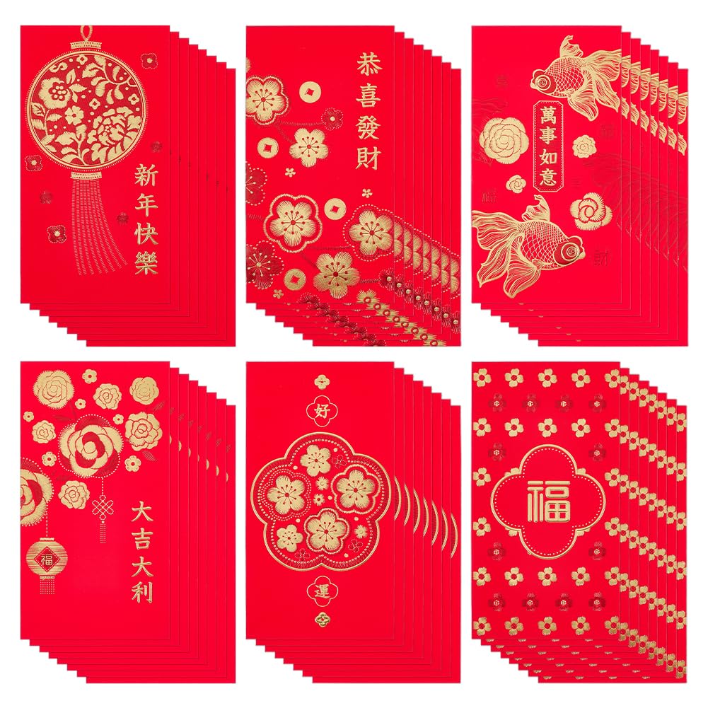 FINGERINSPIRE 48PCS Chinese New Year Red Envelopes 6 Styles 16.8x9cm Paper Red Envelope Chinese New Year Envelopes for Chinese New Year Lunar Wedding Celebrations Birthday Party Favors