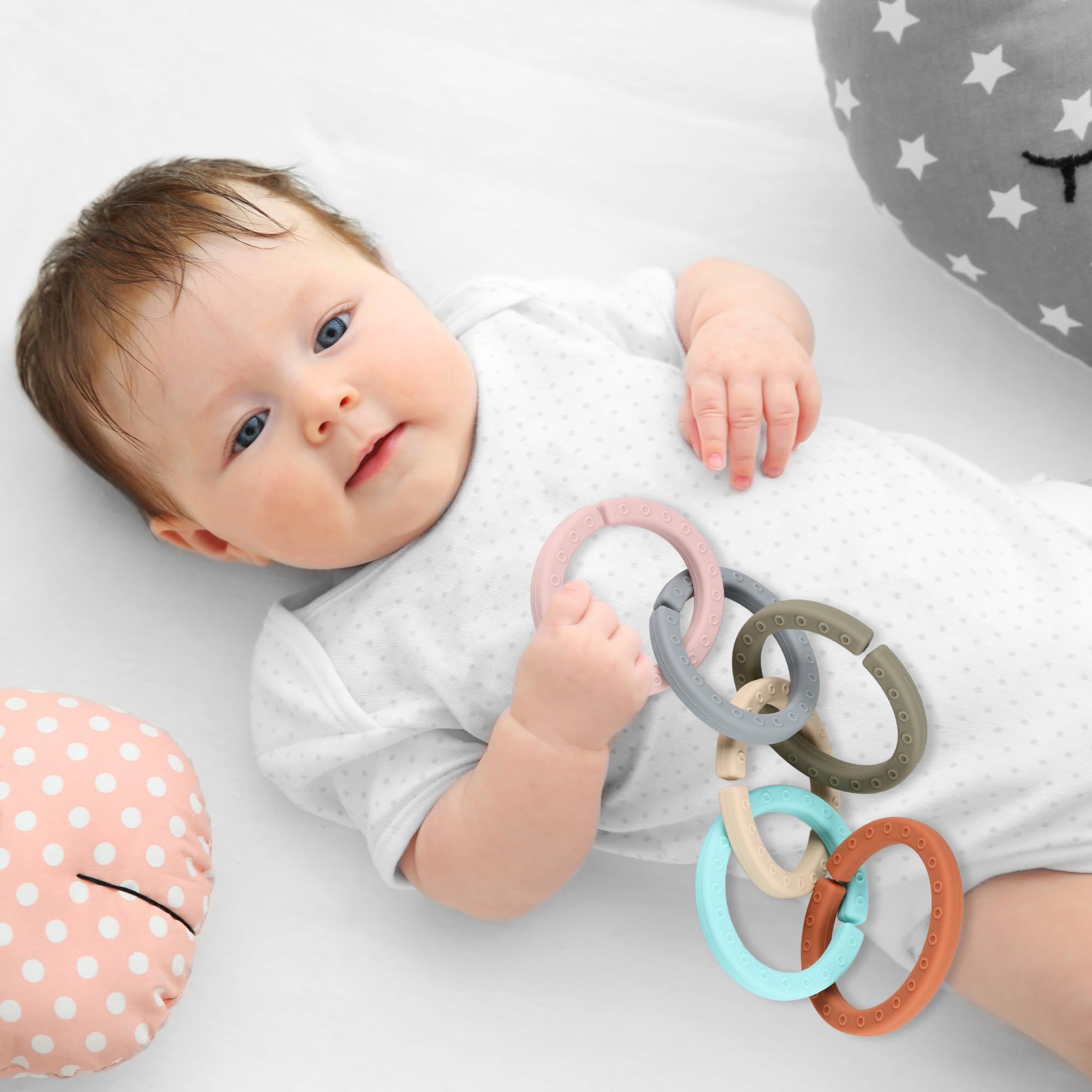 Juego de anillos enlazables para bebé, mordedores de silicona para bebés, se fijan a cochecitos, asientos de coche y más, silicona de grado alimenticio