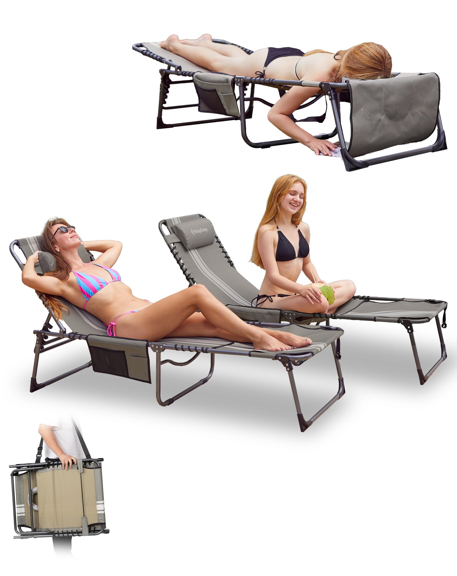 KingCamp 2 Pack Tumbona Plegable con Agujero para Lectura, Respaldo Ajustable 5 Posiciones, Silla Reclinable de Jardín con Correa, Cama Solar Portátil para Playa Terraza Piscina Camping