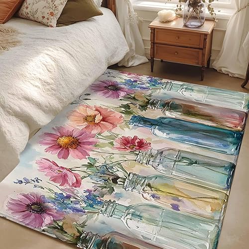 2.7x5 Area Rugs, Colorful Flowers Non-Skid Rubber Backing Large Rectangle Rugs - Living Room Bedroom Home Office, Country Retro Watercolor Spring