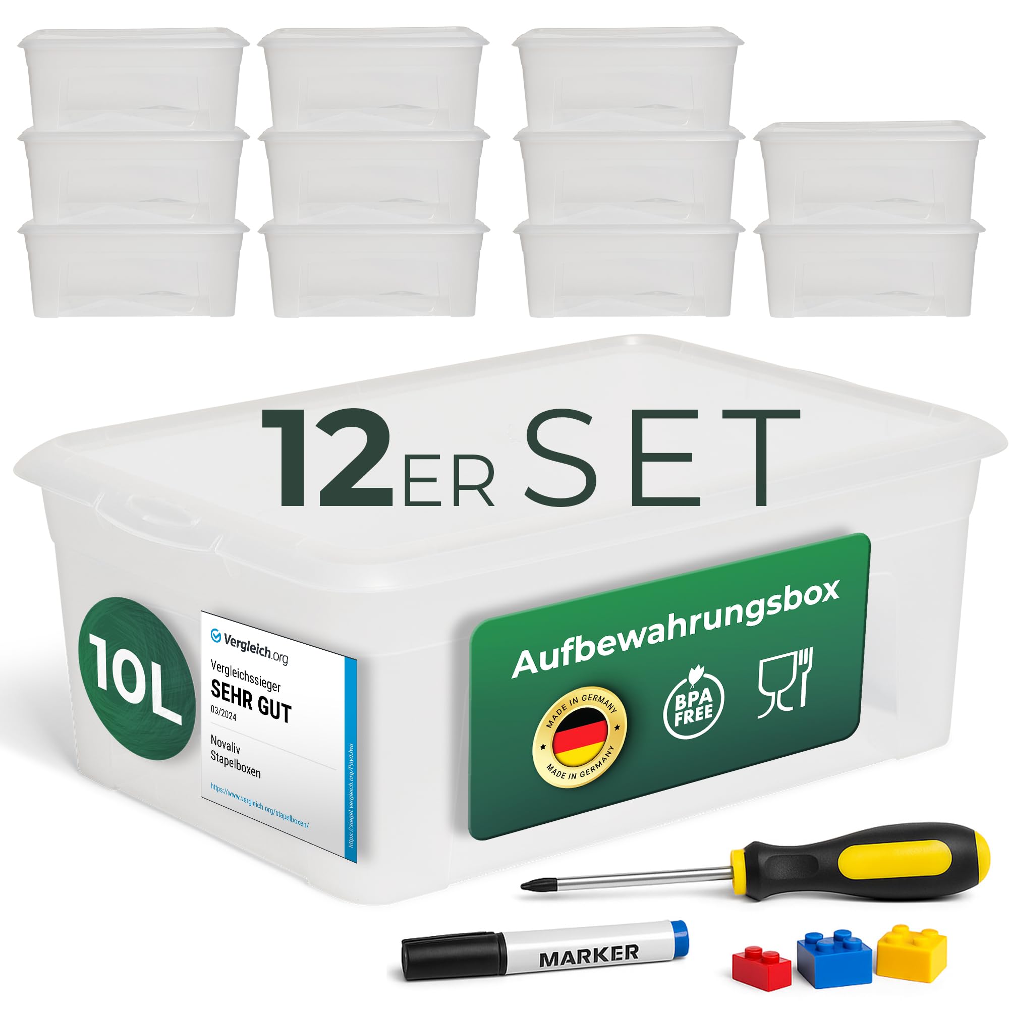 Novaliv 12 cajas de almacenamiento de 10 l apilables de plástico transparente con tapa, 37 cm