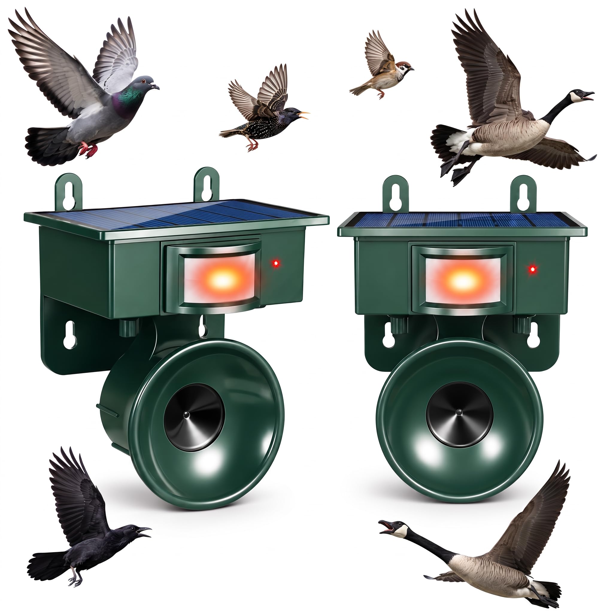 Dispositivos repelentes de pájaros ultrasónicos solares mejorados 2026 con sensor de movimiento para palomas, cuervos y pájaros carpinteros, dispositivo impermeable para asustar pájaros para patio