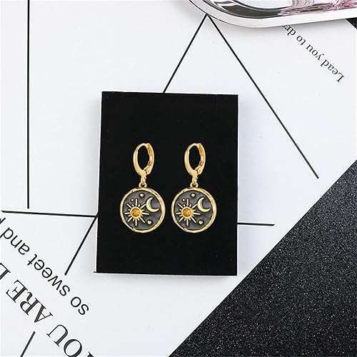 Miniatura 6 de Dreuyet Aretes retro de sol y luna para mujer, únicos hechos a mano, bohemios, antiguos, sol, luna, abrazos, vintage, bohemios, redondos, aretes de