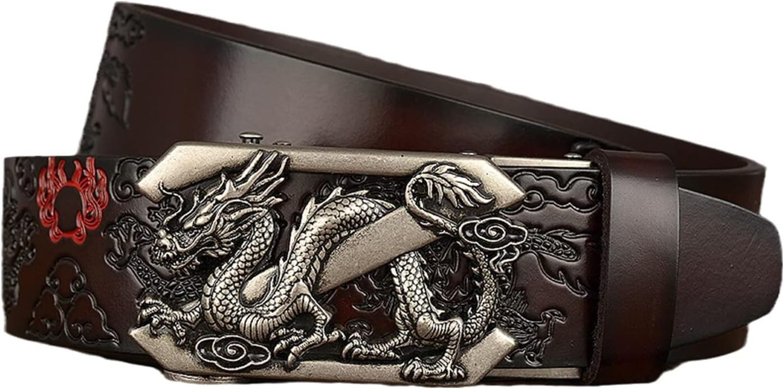 Cinturón de cuero genuino con trinquete y hebilla automática dragón, correa ajustable 3,5 cm grabado en relieve