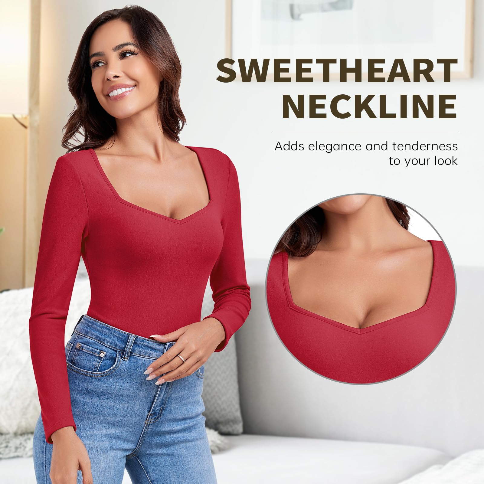 WOWENY Maglia Termica da Donna in Pile, a Maniche Lunghe con Scollo a Sweetheart, Elegante Camicia Termica a Maniche Lunghe a 3/4, Calda, Comoda, per l'inverno