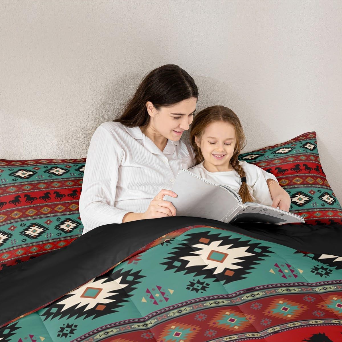 Feelyou Kids Western Comforter Set King Size, Southwestern Aztec Comforter Boys Girls Boho Horse Bedding Set Bohemian Rustic Country Teens Duvet Set Bedroom Decor Microfiber Bed Set