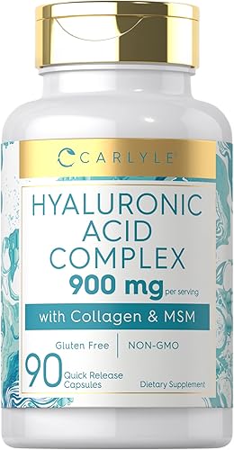Carlyle Complejo de ácido hialurónico 900 mg | con colágeno y MSM | 90 cápsulas | Suplemento sin OMG, sin gluten