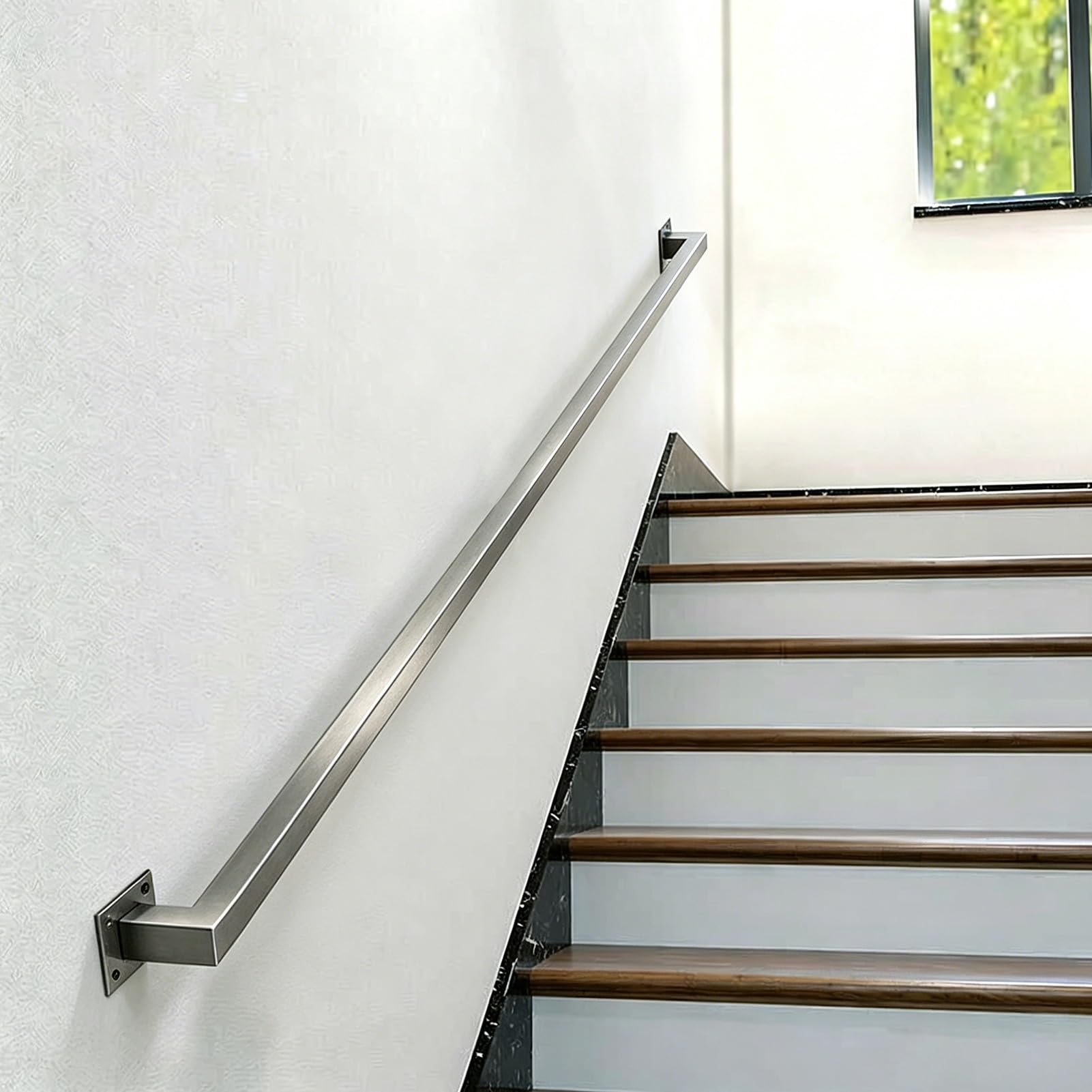 Hamankim One Color Modern Square Tube Stair Handrail, Sturdy Wall Mount Guardrail Hand Rails Support Rod, Brushed Stainless Steel Banister Loft Corridor Grab Bar For Elderly Kid(19Ft/5.7M)