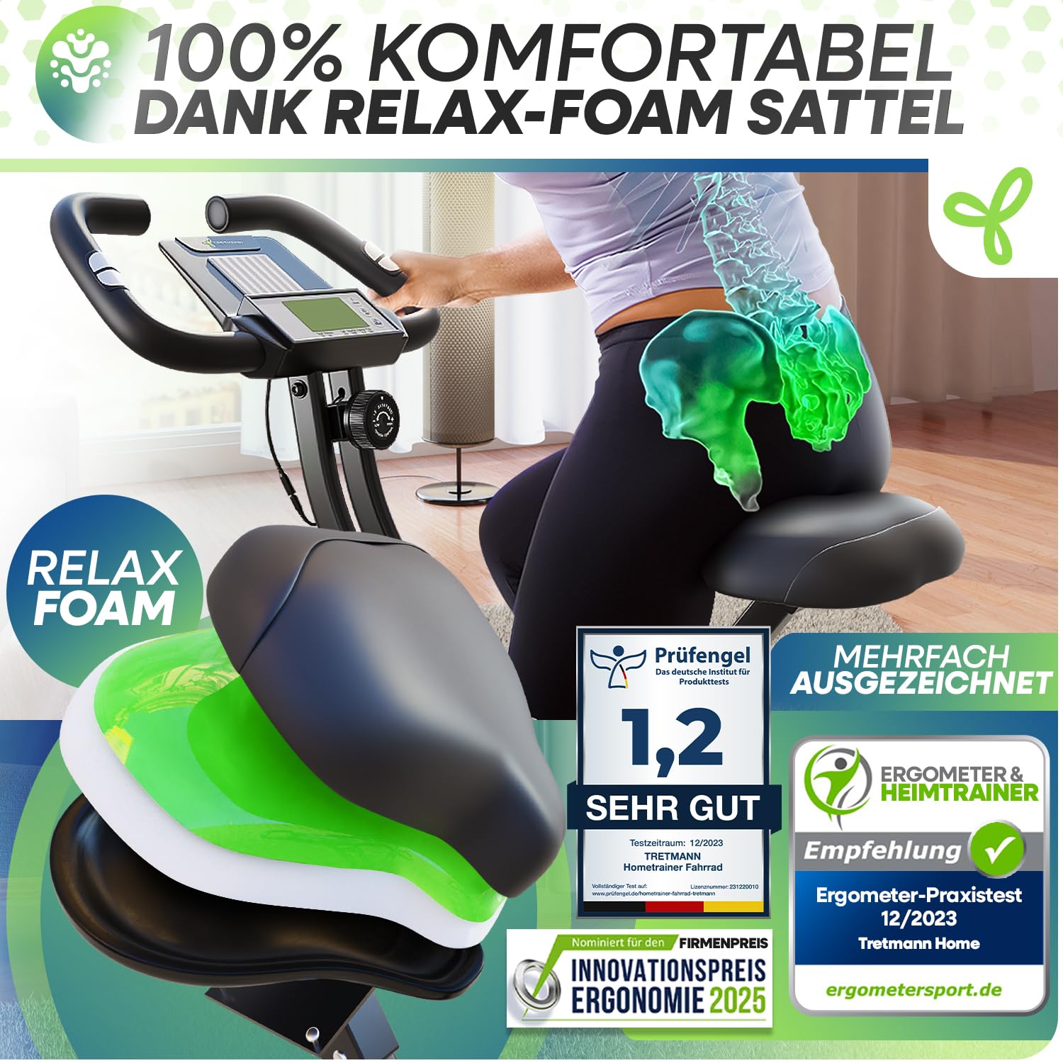 Neu Tretmann Hometrainer fahrrad Klappbar Set-extra bequem & leise- [RelaxFoam] bis 150KG Belastbar Ergometer, Heimtrainer fahrrad, Ergometer Heimtrainer Senioren, Fitnessbikes