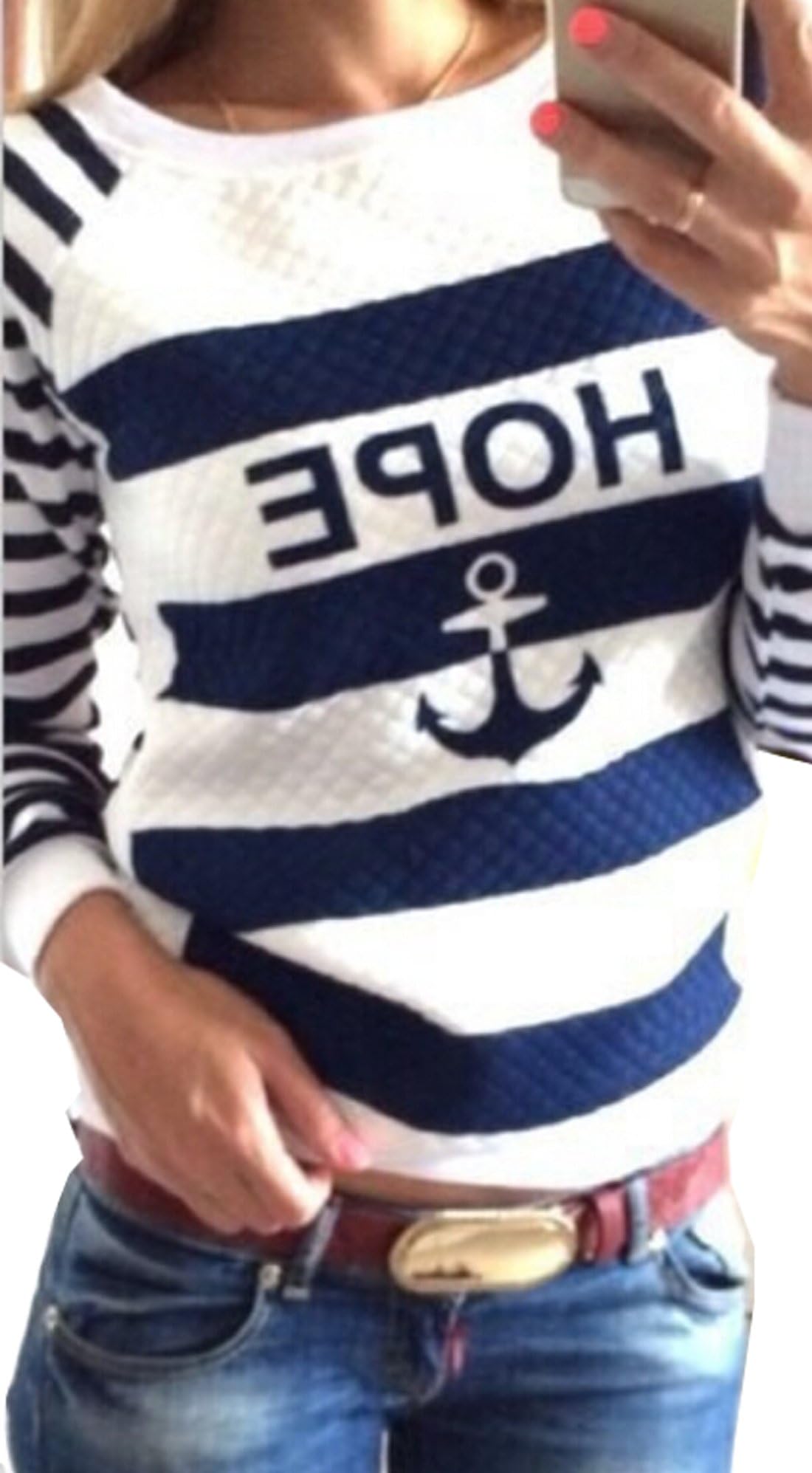 Generic Womens Casual Striped Crewneck Nautical Anchor Print Hoodie White S