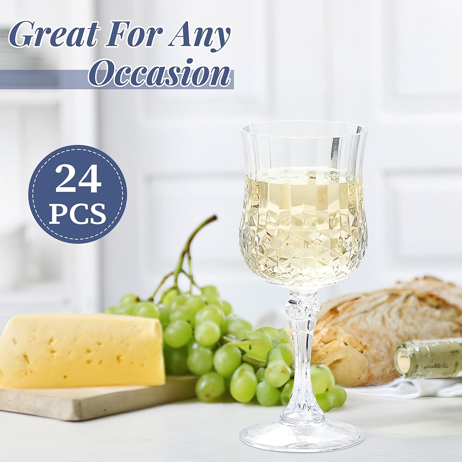 Lot de 24 Verres à Vin Plastique Réutilisables 210 ml, Petits Verres à Pied Transparent Effet Cristal, Gobelets Incassables pour Cocktail, Fête, Pique-Nique, Mariage et Anniversaire