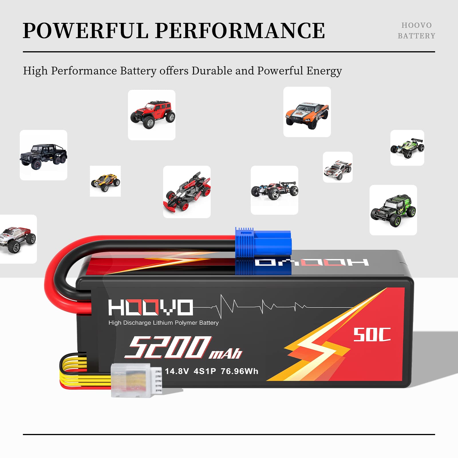 HOOVO Batteria Lipo 4S 14,8 V 50 C 5200 mAh RC con spina EC5 per RC Buggy Truggy Crawler Monster Car Boat 1 confezione