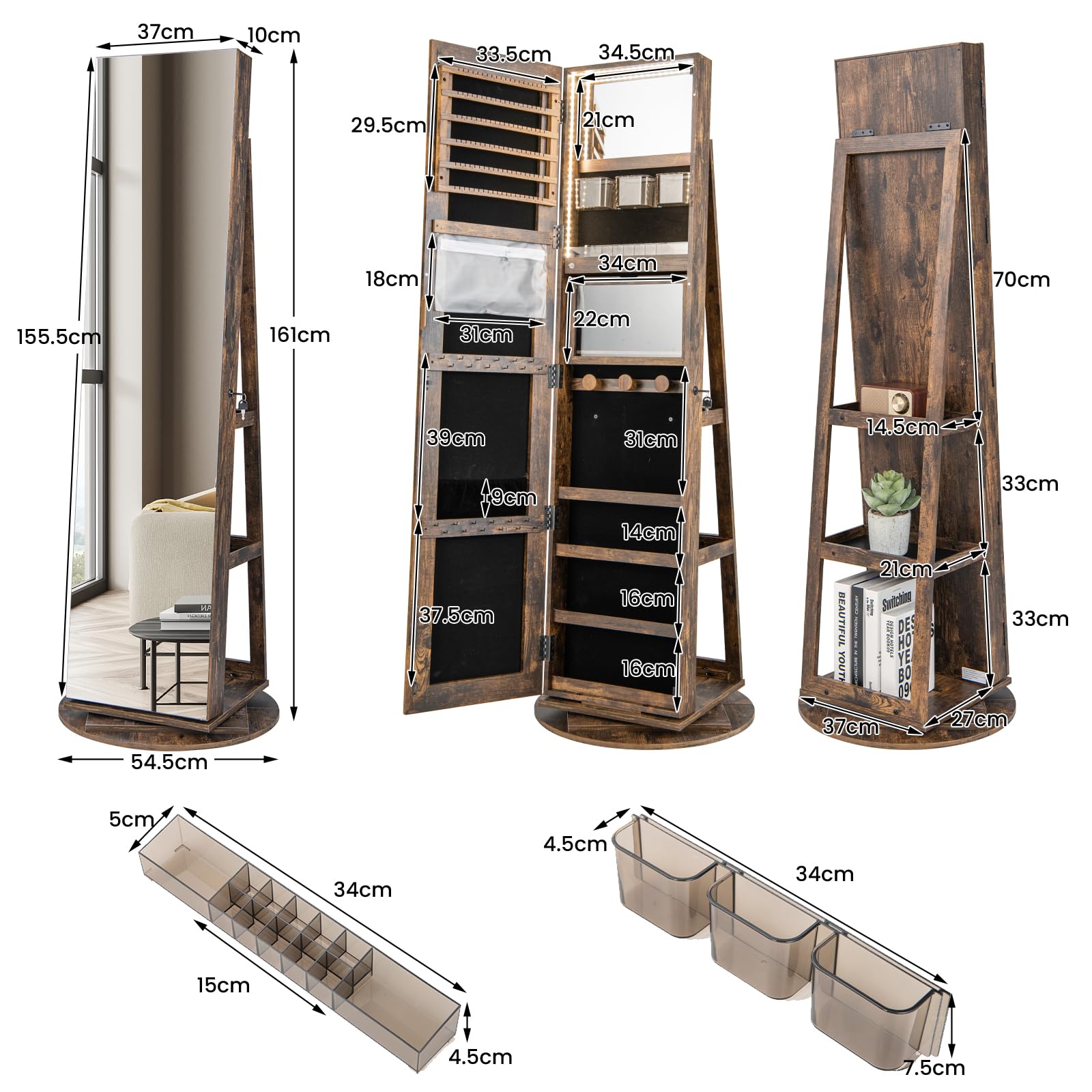 HOMASIS Armoire à bijoux 3 en 1 avec miroir intégral - Miroir rotatif à 360° avec serrure - Rangement de bijoux avec lumières LED - Organisateur de maquillage avec étagères à l'arrière (marron vintage