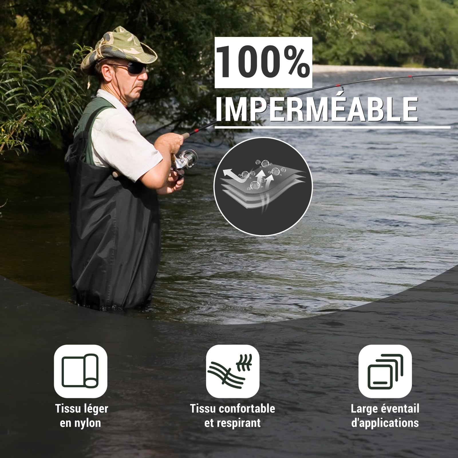 IEEILULU Waders Peche Homme, Waders Pantalons de Pêche avec Poche Poitrine, Pantalons de Waders Nylon avec Bottes 40-47, Waders Peche Antidérapants Cadeau pour Amateurs de Pêche e Sportive