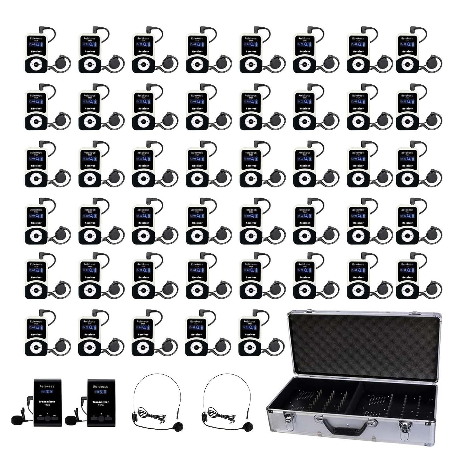 Retekess T130 Tour Guide Audio System, Whisper Devices, Easy to Use, 64-Slot Charge Case, Tour Guide Headsets for Plant,School (2 TX 45 RX)