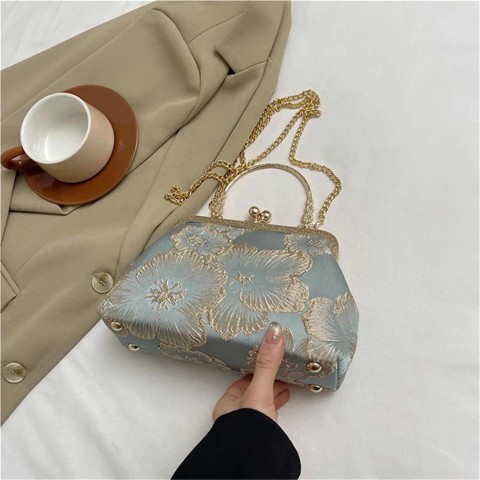 Bestickte Abendtasche Retro-Handtasche gepaart mit Qipao Hanfu-Tasche, elegantem Temperament, Kettentasche, diagonaler Cross-Tasche, Clip-on-Tasche FüR Hochzeit, Party(Pink)