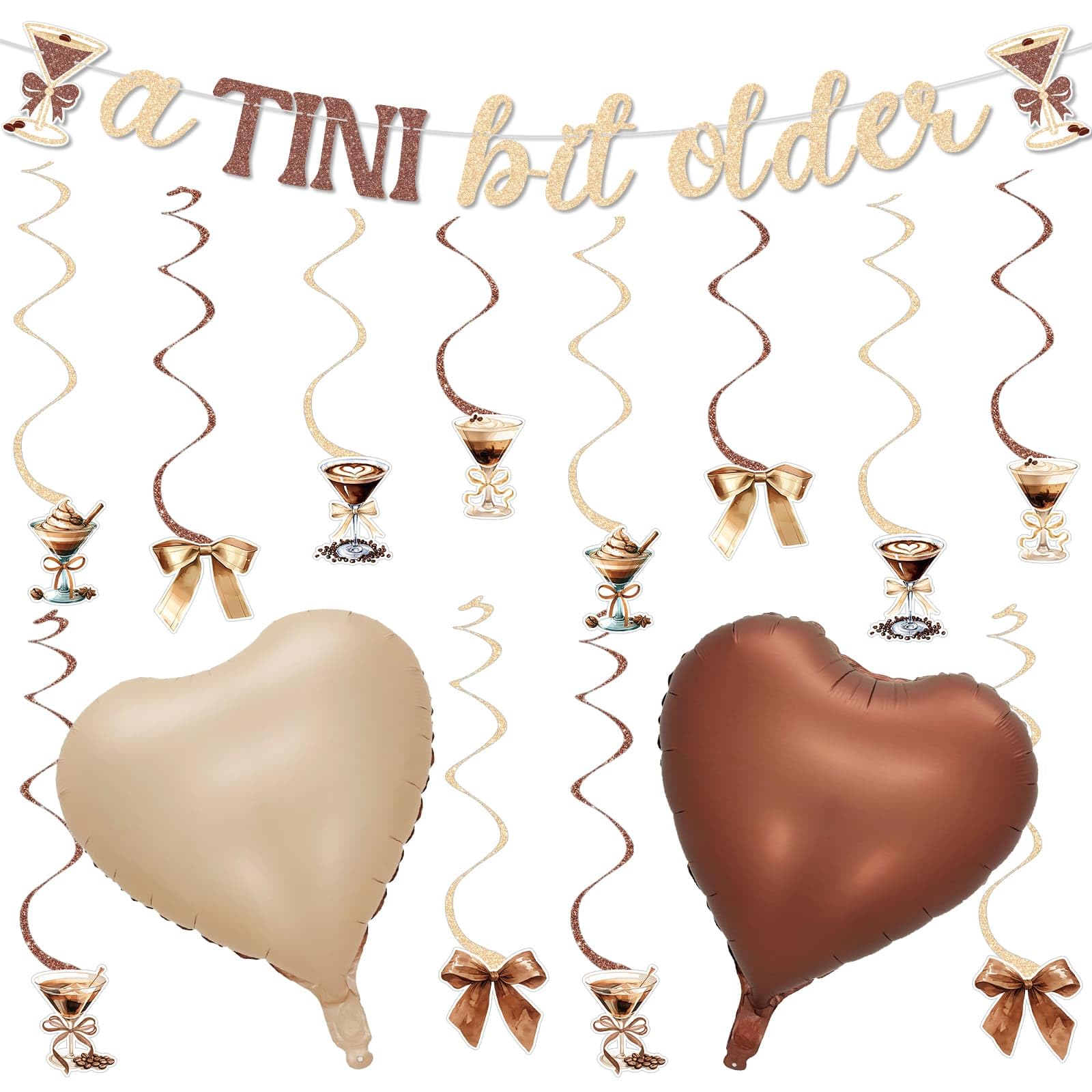 Fenyluxe Espresso Martini Birthday Decor, Glitter Banner Hanging Swirl Decorations Heart Shaped Balloon for A Tiny Bit Older Birthday Decoration